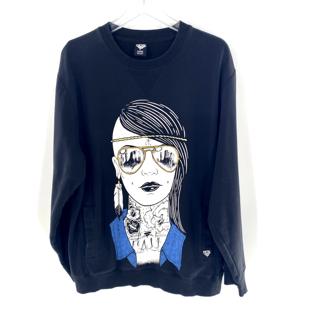 Fatal Graphic Print Sweatshirt Southwest Woman Face Sz L‎ Black Pockets